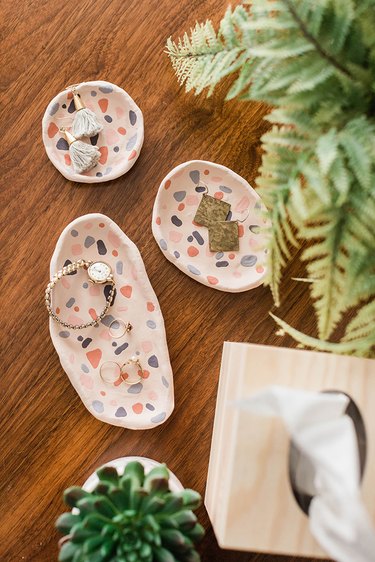 Style your finished DIY Clay Terrazzo-Inspired Ring Dishes.