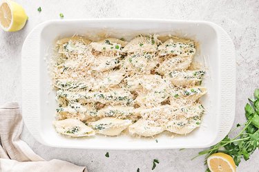 Stuffed shells in a large casserole dish