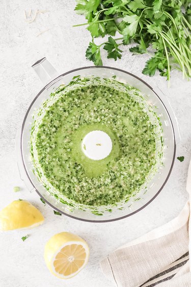 Lemon parsley pesto in a food processor