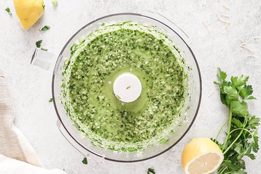 Lemon parsley pesto in a food processor