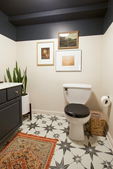 basement bathroom with painted ceiling