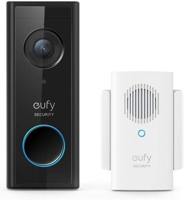 A closeup of a Eufy video doorbell system