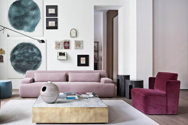 teal, lilac, and burgundy living room