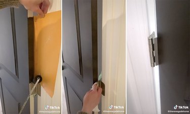 TikTok stills of using a file folder to paint a door