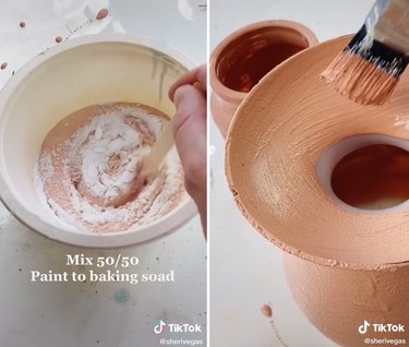 TikTok stills of mixing orange paint with baking soda and painting it onto a pot