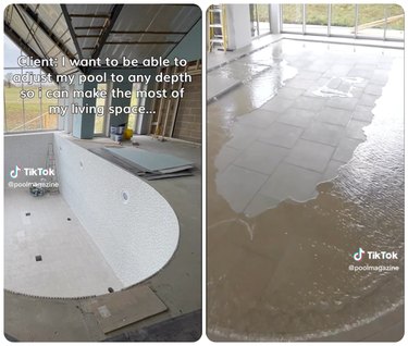 A split-screen image of a TikTik video showing a floor that transforms into a full-size swimming pool.