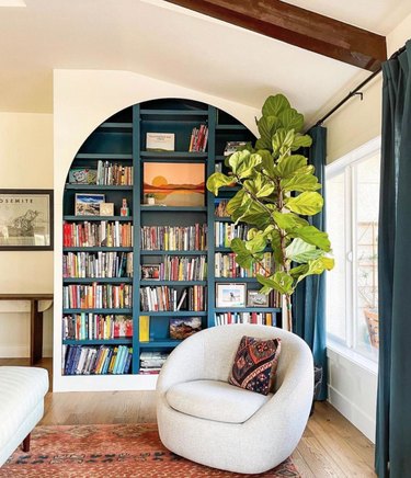 Living room with home library, accent chair, plant, rug, pillow, books.