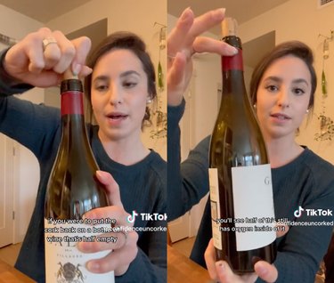Split-screen image of a woman corking a wine bottle and pointing to it.