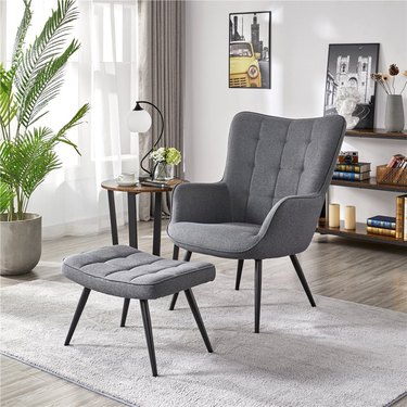 gray midcentury chair with ottoman