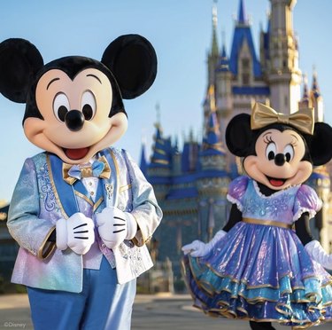 Mickey Mouse and Minnie Mouse stand in front of Cinderella's castle in Walt Disney World. They are each wearing blue, purple and gold outfits.