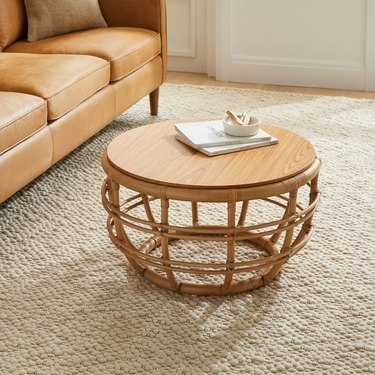wood and rattan small round coffee table