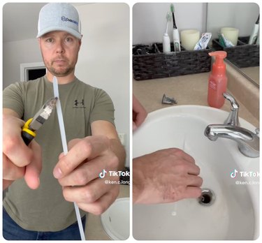 A split screenshot of a TikTok video showing a person cutting a zip tie and putting it down a sink drain.