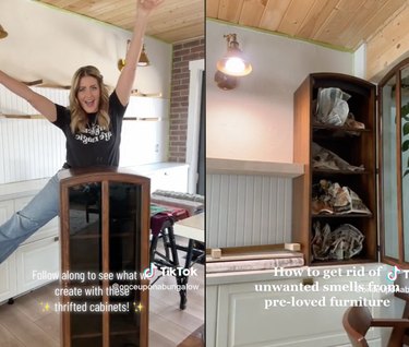 Split image of a happy woman behind a set of cabinets on the left and the same cabinets open with newspaper inside on the right
