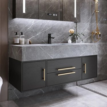 Modern 39" Floating Black Bathroom Vanity Stone Top Wall Mounted Bathroom Cabinet