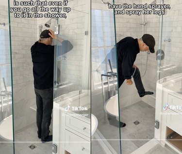 Split-screen image of a man in a shower demonstrating how to use it