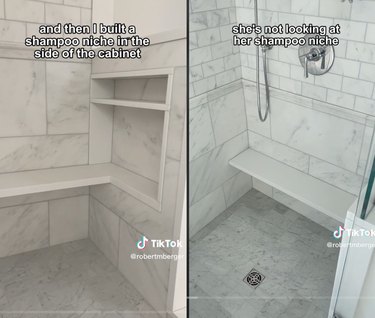 Split-screen image of two views of a shower shelf and bench