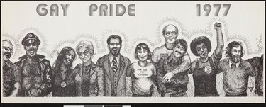 Black text on white paper. The lower half of the poster contains a black line drawing of 10 people, some wearing shirts and buttons relating to gay pride. Copies are signed by the artist, Frederick Bennett Green.
