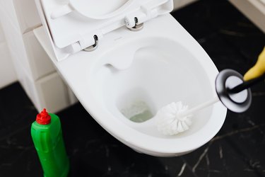 Person cleaning a toilet bowl with a toilet brush