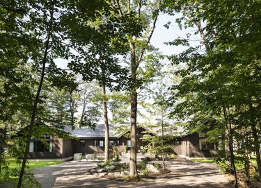 exterior of a renovated 1960s cabin with trees surrounding it