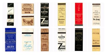 Twelve matchbook covers with promotional text and images, laid flat, in different colors in a grid