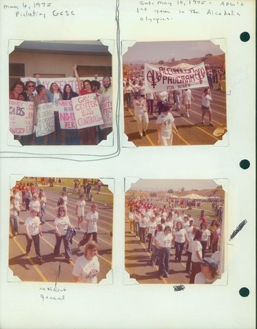 (Top left photo) Gay and lesbian people picketing outside the Gay Community Services Center during the strike against the center.  Left to right: unidentified man, unidentified man, unidentified woman, Denise Crippen, Carolyn Weathers, unidentified man, unidentified man, Richard (Dick) Nash. 1975. (Top right photo) Alcoholism Program for Women (APW) women walking around the track carrying Alcoholism Program for Women banner at the opening ceremonies  of the First  Alcoholic Olympics, Valencia, California. Saturday, May 10, 1975. (Bottom photos) APW women walking on the track during the opening ceremonies.  Top left photo: Saturday, May 6, 1975.  Top right and bottom photos: Saturday May 10, 1975.
