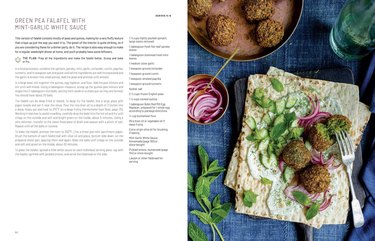 interior of cookbook pages with text and overhead shot of food