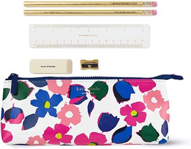 floral pencil case, pencils, ruler, eraser, sharpener