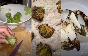 screenshots of TikTok video for brussels sprouts recipe