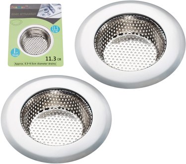 Two silver wire mesh strainers that will help prevent bathtub clogs