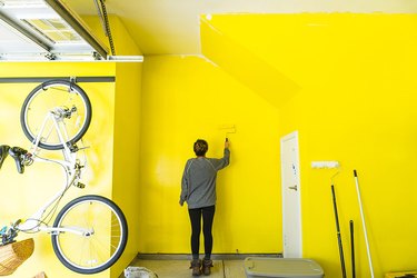 Garage makeover with bright yellow paint.