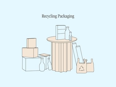An illustration on a light blue background show examples of recyclable packaging.