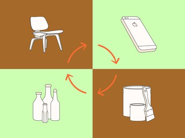 An illustration showing four items (a chair, cell phone, bottles, and paint) with a recycling arrow in the center.