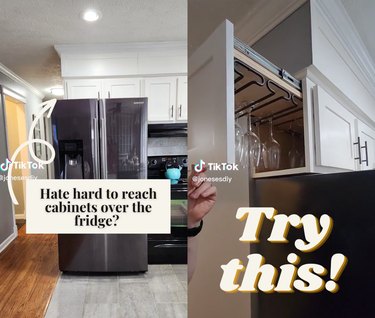 Split-screen image of a refrigerator with a cabinet above it on the left and a close-up of the cabinet containing wine glasses on the right