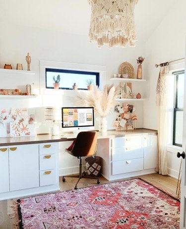 boho office with bright rug