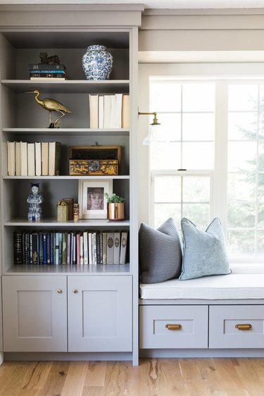 true gray built-in cabinets in living room