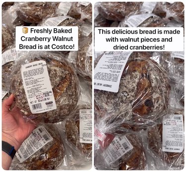 Two images of Costco's cranberry walnut bread side by side. One image has text that reads, "Freshly baked cranberry walnut bread is at Costco!" while the other image has text that reads, "This delicious bread is made with walnut pieces and dried cranberries!"