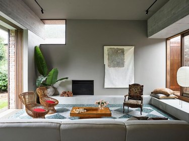 gray living room with green and white terrazzo floor tile