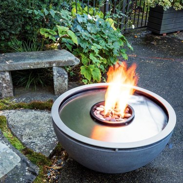 Fire pit fountain combo, stone bench.