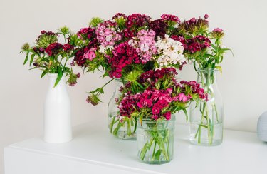Pink and white floral arrangements in glass vases