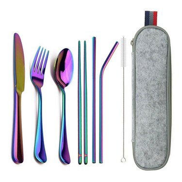 rainbow-colored utensils with gray bag