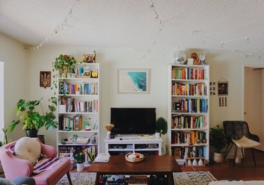 living room space with pink chair, two shelves of books, and television