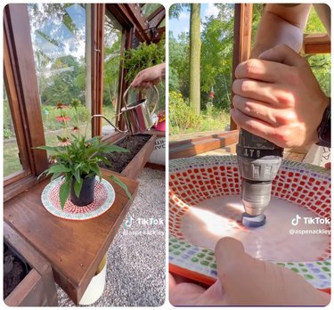 Two screenshots of a DIY 'plant toilet' — a decorative bowl with a hole drilled into it.