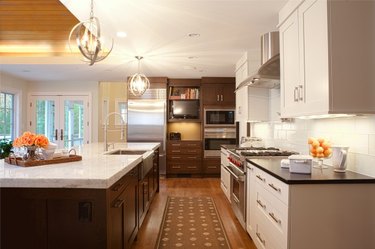 kitchen with cherry wood and greige cabinets