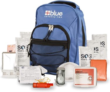 A Blue Coolers emergency kit for one person that includes food and survival gear