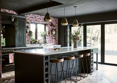pink and black color idea with black appliances