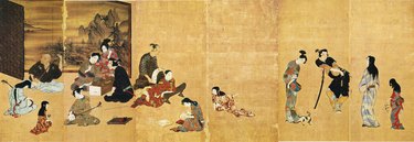 This six-section folding screen byōbu features color on paper with gold leaf background. It was formerly held by the Ii family, but is now located at the Hikone Castle Museum.