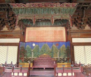 A irworobongdo folding screen in the Myeongjeongjeon building in the Changgyeonggung Palace, which is located in Seoul, South Korea.
