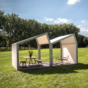 workspace shed with table and benches