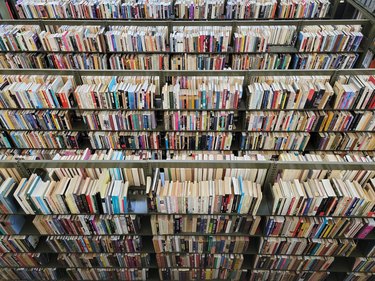 Angled view above hundreds of books on shelves