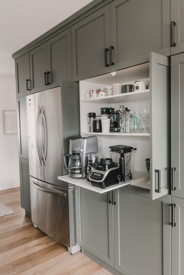 modern gray kitchen with DIY pull out appliance garage